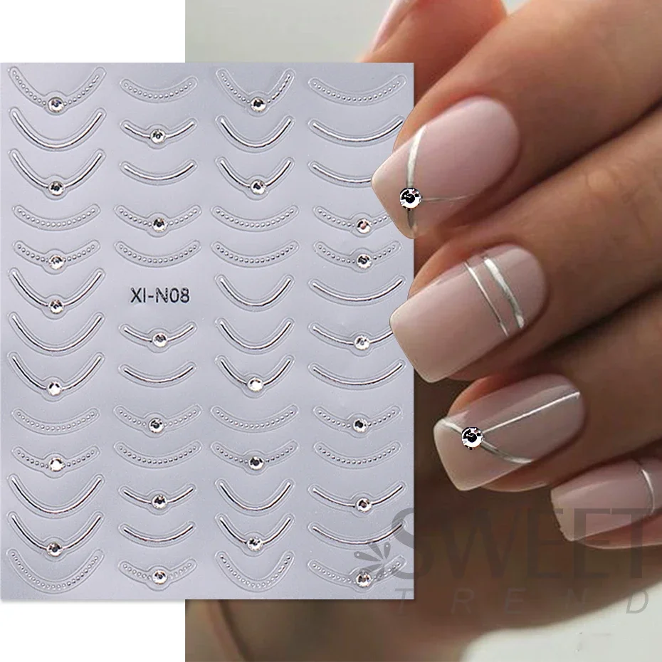 3D Metallic French Stripe Line Nail Sticker Crystal Rhinestone Gold Silver Smile Line Simple Slider DIY Manicure Art Accessories