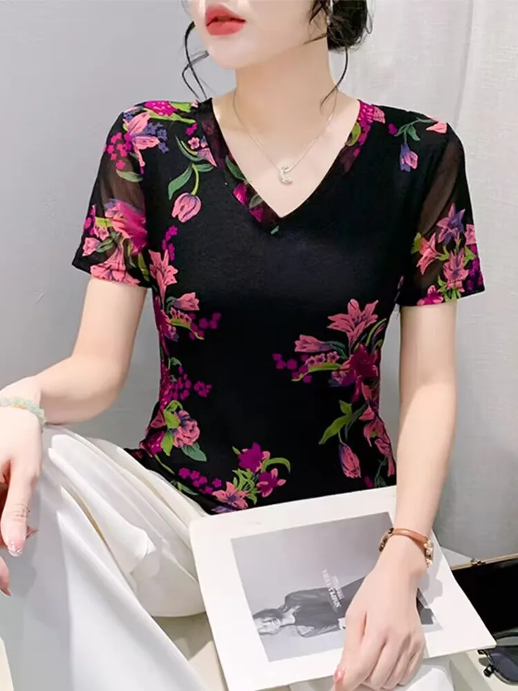 2024 New Arrival Elegant Female T-shirt Summer Woman S-3XL Short Sleeves Printed Flowers Art High Street Retro Dress To Kil