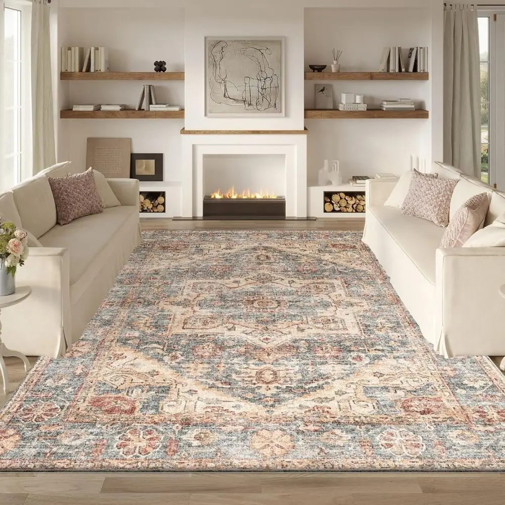 

8x10 Machine Washable Area Rug, Stain Resistant, Soft & Thin, Non-Slip, Neutral Boho Style, Suitable for Living Room, Bedroom, O