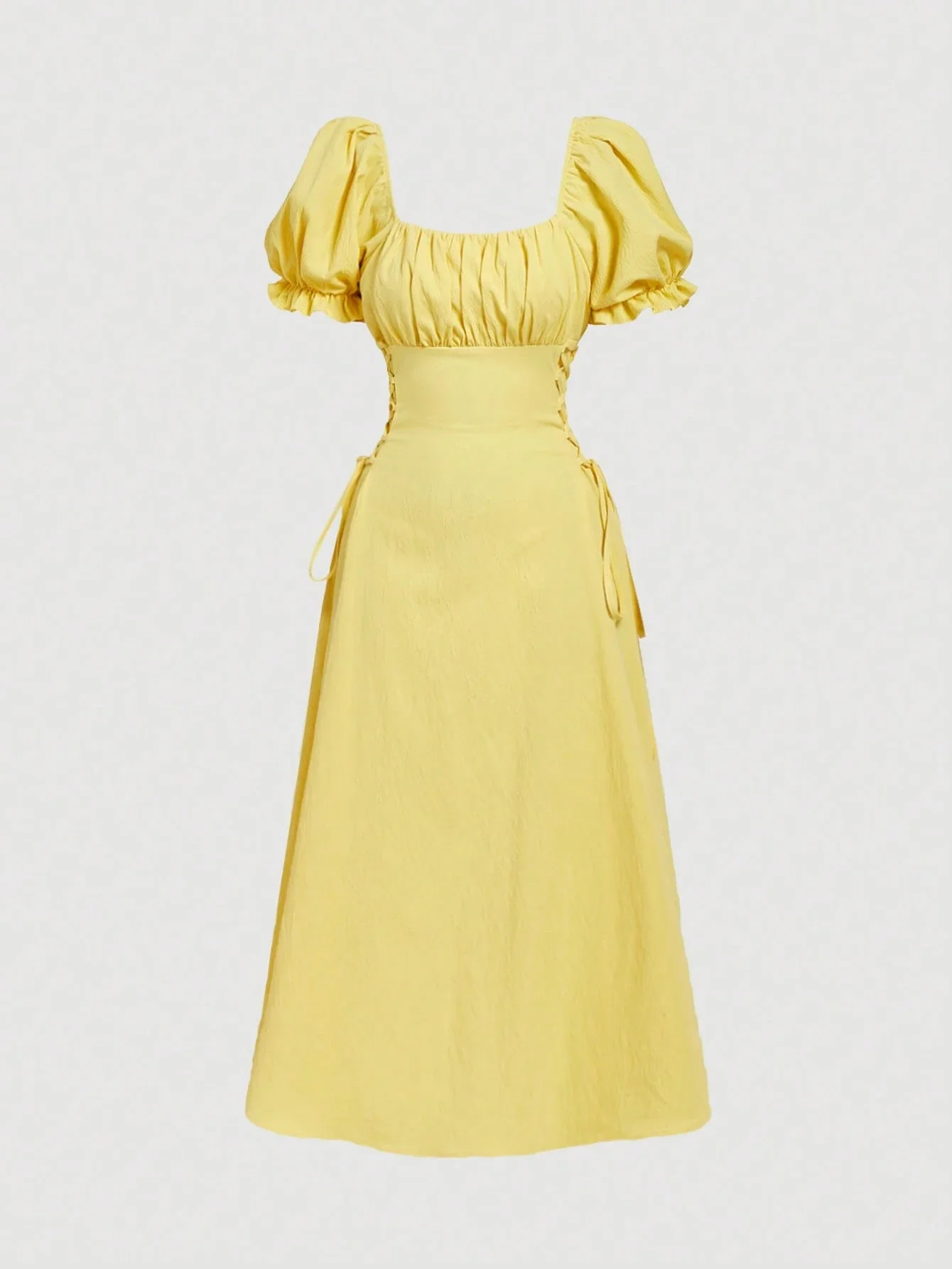 

Лимонно-желтое платье миди в стиле коттеджкор с пышными рукавами и боковой шнуровкой на талии для летнего отдыха или элегантных мероприятий