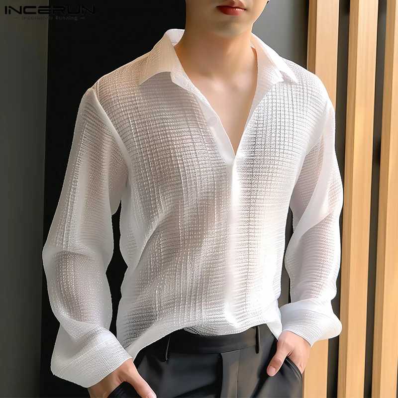 

2024 Men Shirt Solid Color Transparent Loose Lapel Long Sleeve Korean Men Clothing Streetwear Fashion Male Casual Shirts INCERUN