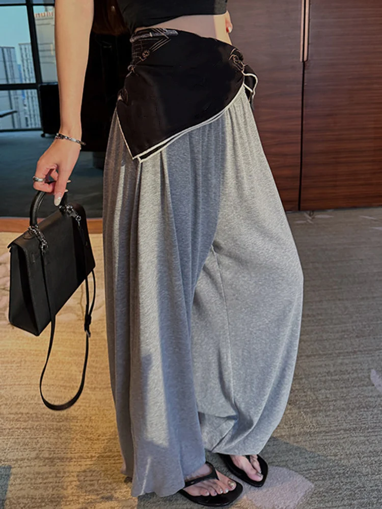 [EAM] High Elastic Waist Black Gray Brief Long Casual Wide Leg Pants New Trousers Women Fashion Tide Spring Autumn 2026 1DJ8226