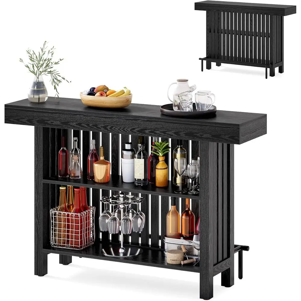 

63-Inch Home Bar Table, 2-Tier Storage Shel Mini Bar Unit, Kitchen Pub Table, Small Indoor Bar Counter, Black