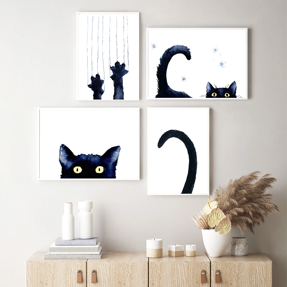 Sneaky Naughty Black Cat and Tail Wall Art Canvas Painting Nordic Animals Posters And Prints Wall Pictures for Kids Room Decor