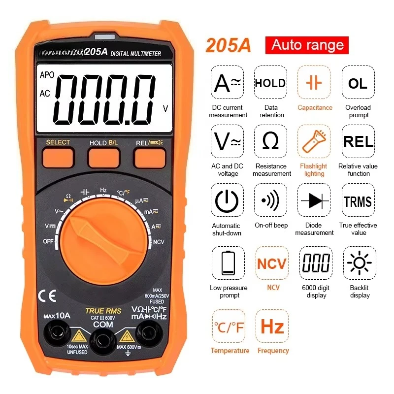 205A RTS True RMS Digital Multimeter 6000 Counts NCV LIVE Torch AC/DC Voltage Meter AC/DC Current Multimetros