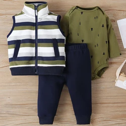 3PCS Spring Fall Newborn Boy Clothes Fashion Casual Stripe Vest Long Sleeve Infant Jumpsuits Bodysuit+Pants Baby Items BC1625-1