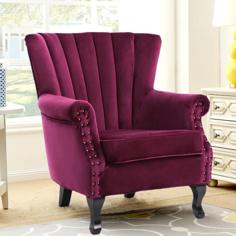 Vintage Velvet Upholstered Wing Back Armchair Single Sofa Bedroom Study Room Leisure Chair with Rivets