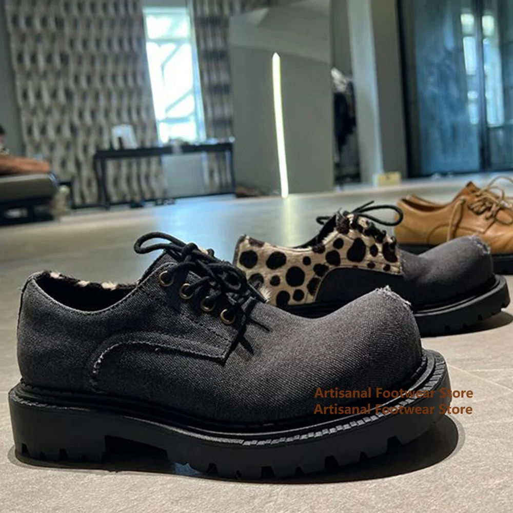 Leopard-Print Derby Shoes Thick Soled Height Increasing Leather Shoes Men's Shoes British Style Lace-Up Handmade Men's Shoes