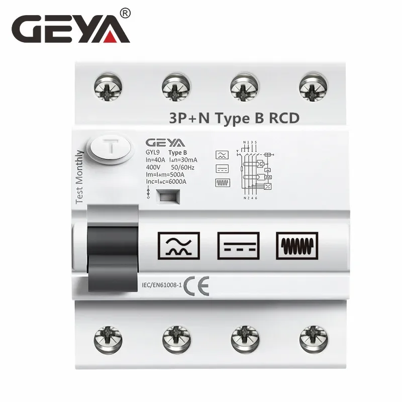 GEYA GYL9 Type B RCD Din Rail Earth Leakage Current breaker DC RCCB RCD 2P 4P 63A 30mA 100mA 300mA 6KA IEC62423