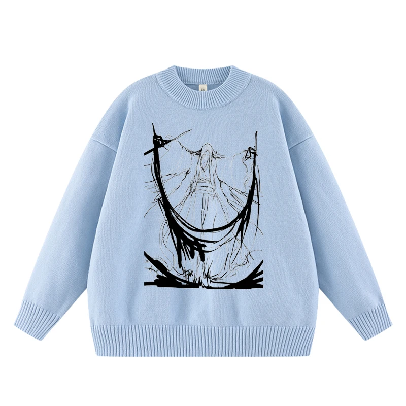 

Harajuku Gothic Casual Oversize Knit Jumpers Print Anime Long Sleeve Sweater Fashion Knitwear Y2k Aesthetic Blue Loose Pullover