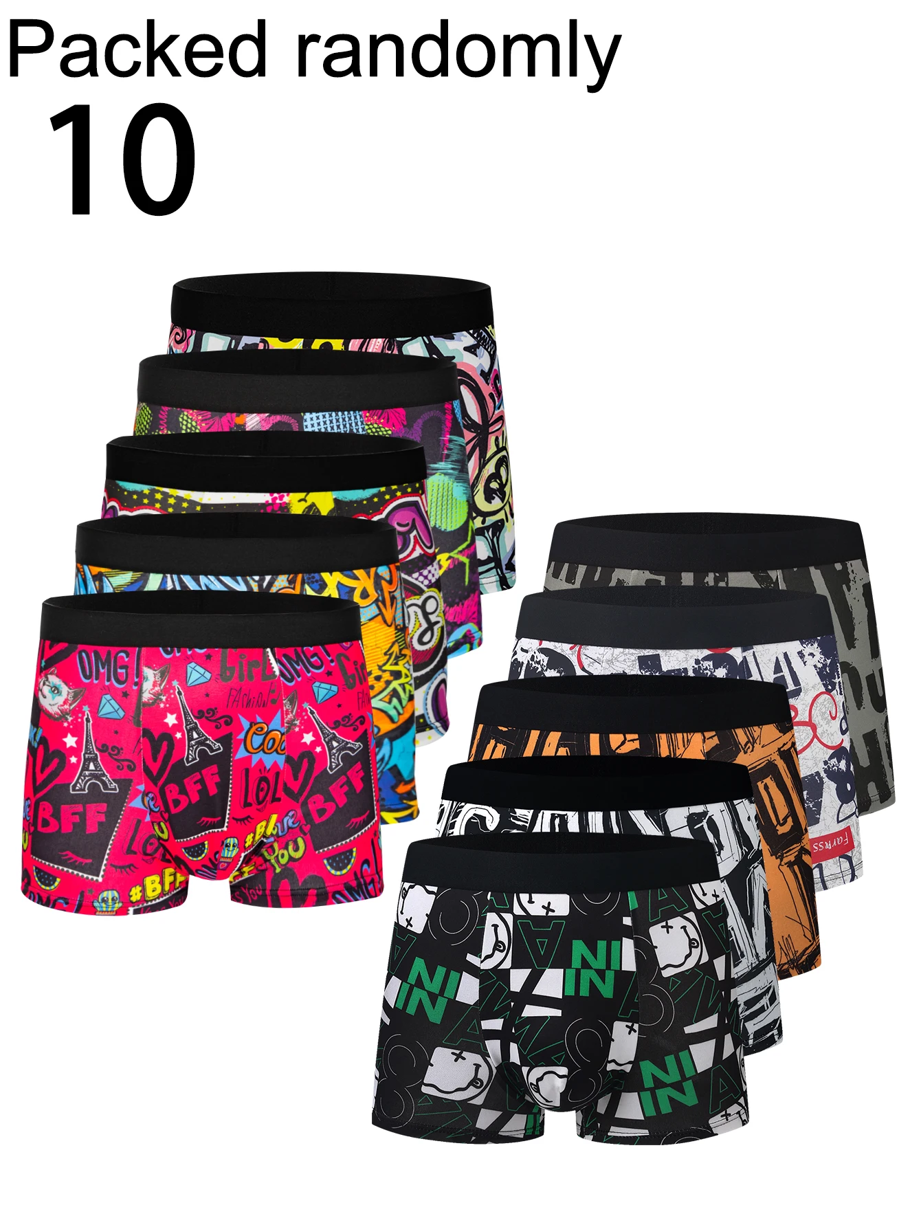 10-Pack Men's Trendy Graffiti Print Boxer Briefs Multicolor Personality Letter Pattern High Elastic Skin-friendly Random Color D