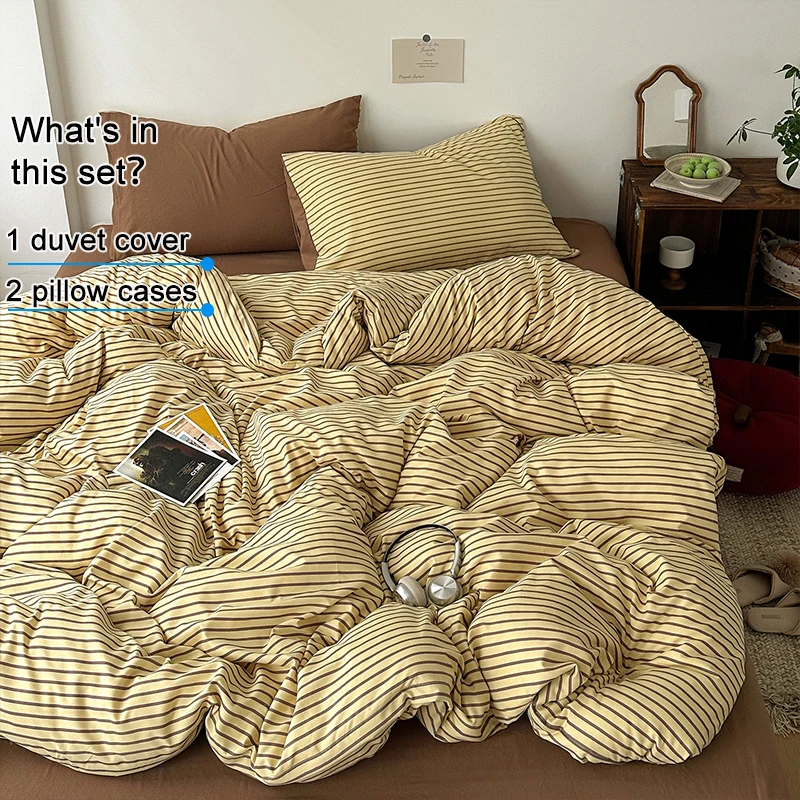 Yellow‑Brown Stripe Bedding Set 3‑Piece,1 Duvet Cover and 2 Pillowcases,Soft Breathable Skin‑friendly Wrinkle‑Resistant Durable