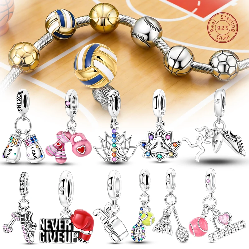 Charms 925 Sterling Silver Soccer Basketball Boxing Yoga Baseball Charm Bead Pendant Sports Series Fit Bracelet DIY Jewelry Gift