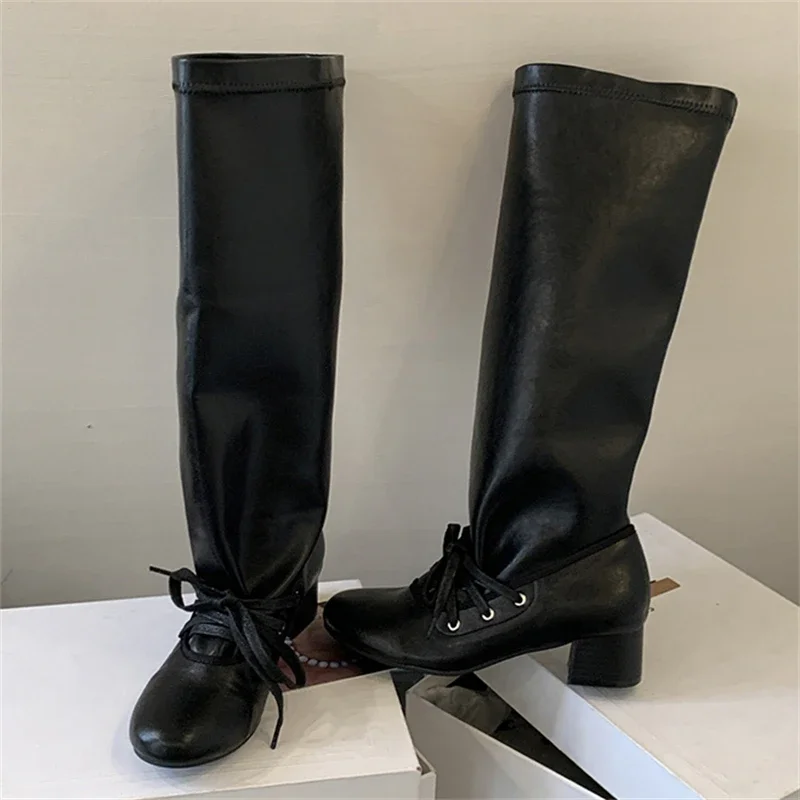 

2026 Autumn Winter Soft Comfortable Fabric Knee-High Boots Woman Round Toe Long Booties Square Low Heels Shoes Fashion