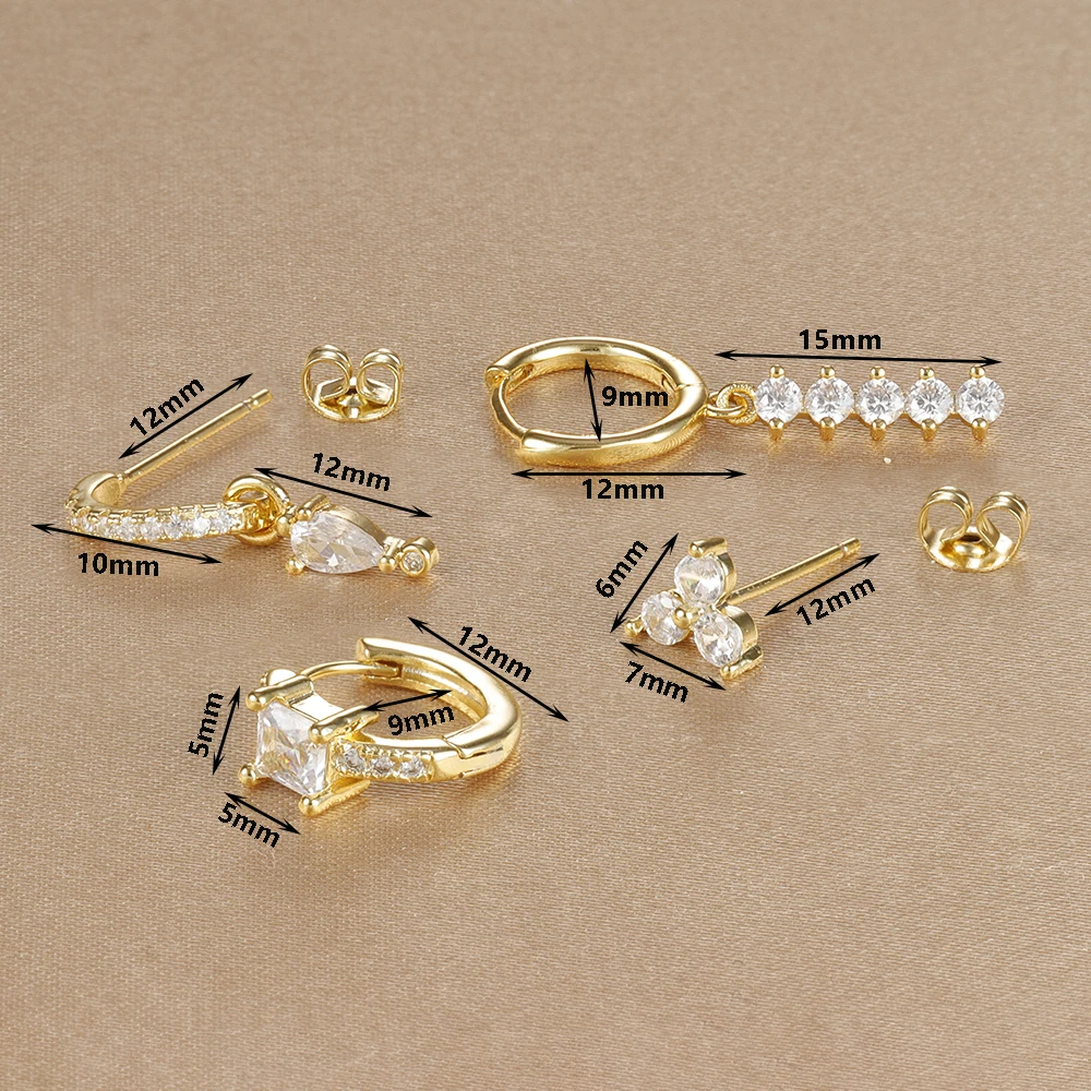 4PCS Simple Crystal Zirconia Square Dangle Earrings Set For Women Korean Stainless Steel Pendant Stud Earring Piercing Jewelry