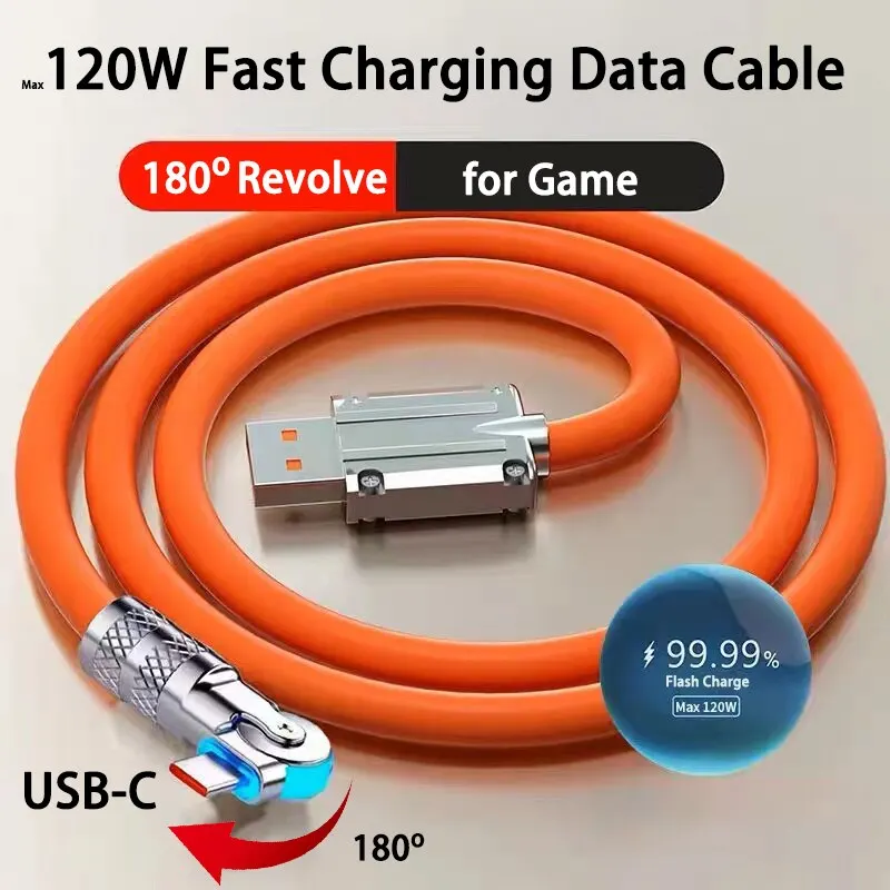 120W 7A Fast Charge USB Type C Cable 180 Degree Rotation Elbow Cable for Game for Xiaomi Redmi Honor Phone Charger USB C Cable