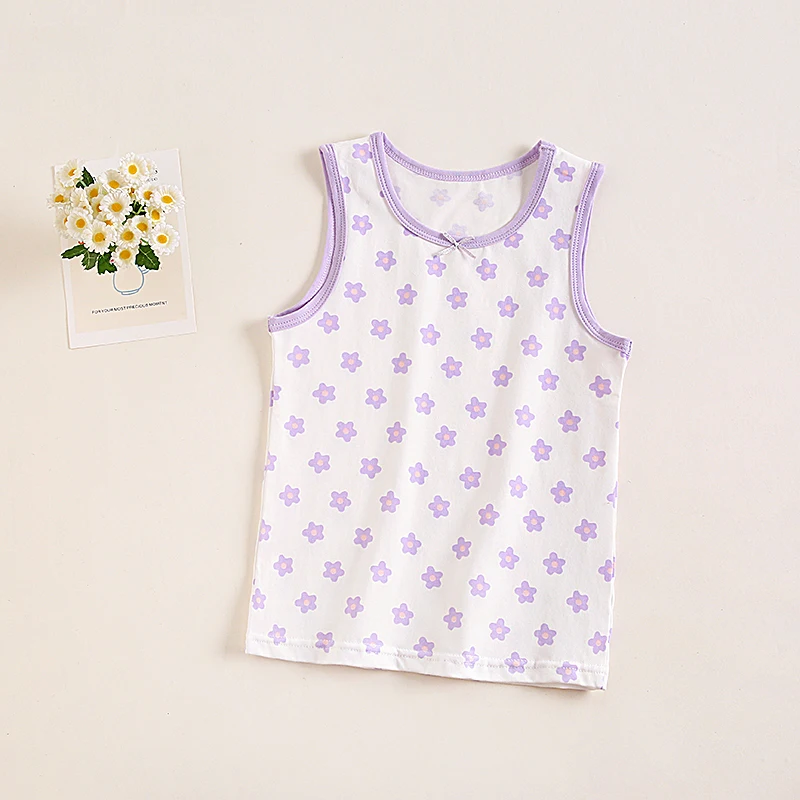 Kids Purple Floral Prints Singlet Shirt Cute Cotton Girl Under Shirt Size 100-150 Girl Breathable Tops Shirt Wear