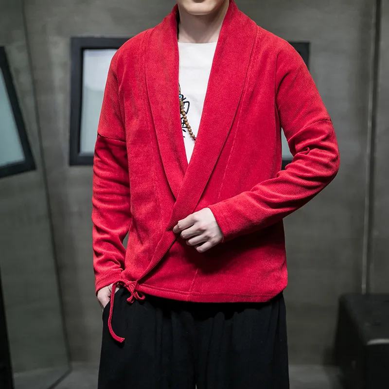 2026 Spring Mens Chinese Style Cardigan Jacket Loose Kimono Jacket Solid Color Hanfu Traditional Clothing Male V-Neck Coats