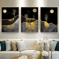 Full Diamond Mosaic Triptych 5D Diamond Painting Embroidery Mountain Nordic Golden Black Birds Tree Picture Of Rhinestones Y1219