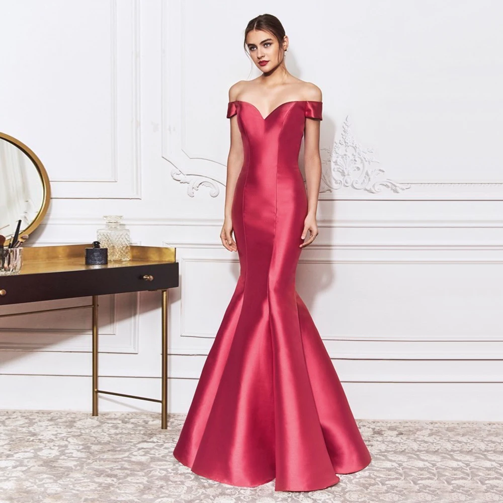 Mermaid Evening Dress Off the Shoulder V Neck Satin Evening Gowns for Women 2025 Sleeveless Trumpet Simple Wedding Guest Dresses
