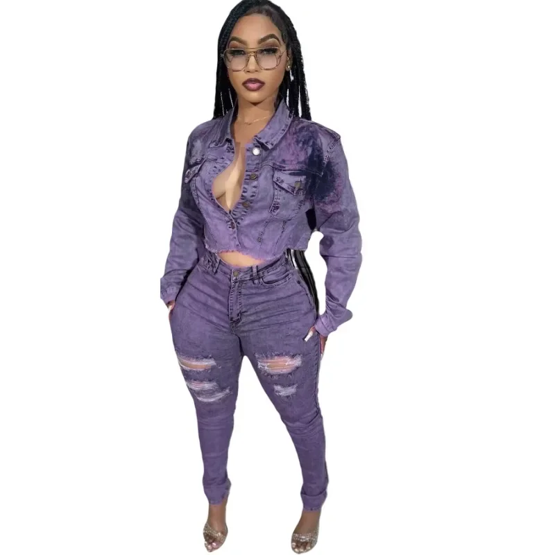 

Women Jeans Two Piece Set Pockets Turn Down Collar Long Sleeve Single Breasted Tassel Jackets Crop Top Pencil Pants Denim Suits