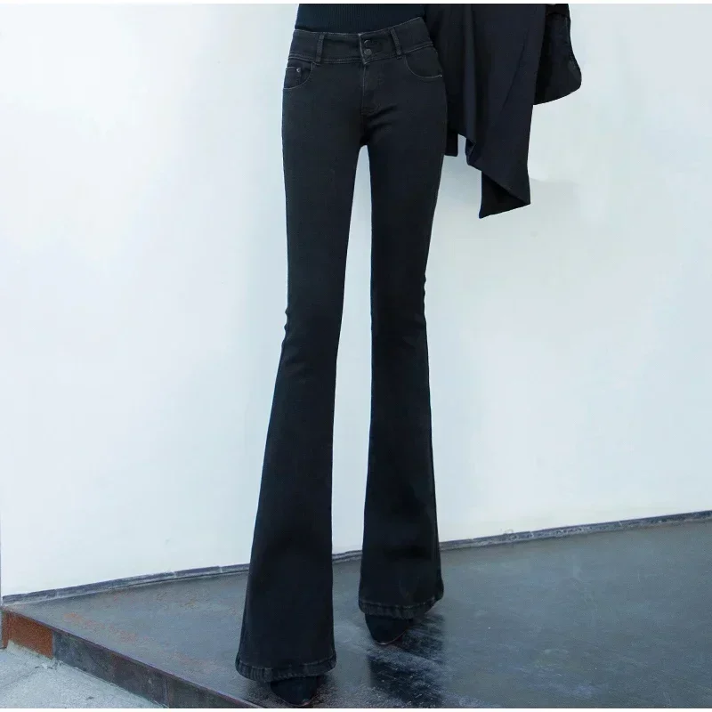 Kinsaga Extra Long Black Flare Jeans Vintage Mid Waist Wide Leg Sexy Stretchy Skinny Bell Bottoms  Melody Distressed Denim Pants