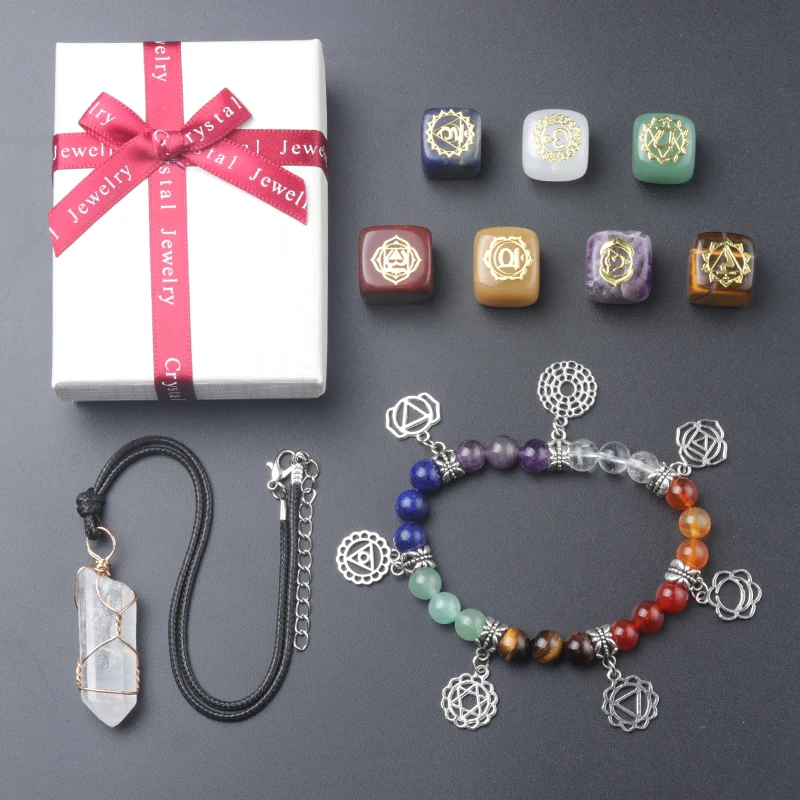 Natural Crystal Stone Set, Chakra Healing Gemstone, Quartz Mineral Ornament, Gemstone Resin Pendant, Gifts Box, Home Decor Gift