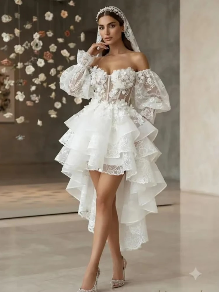 Off Shoulder Short Wedding Dress Puff Long Sleeve 3D Floral Lace Hi-Lo Tiered Bridal Gown Corset Sheer Bodice vestido de novia