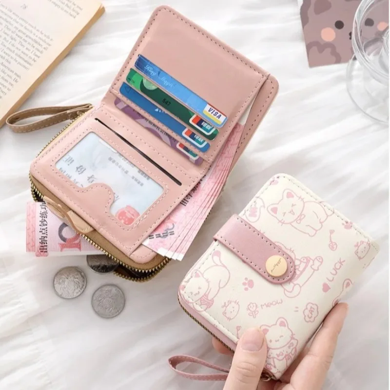 1pc Cute Cat Cartoon Coin Purse Girls Short Wallet PU Leather Large Capacity Lightweight ID Card Holder Mini Wallet Fashion