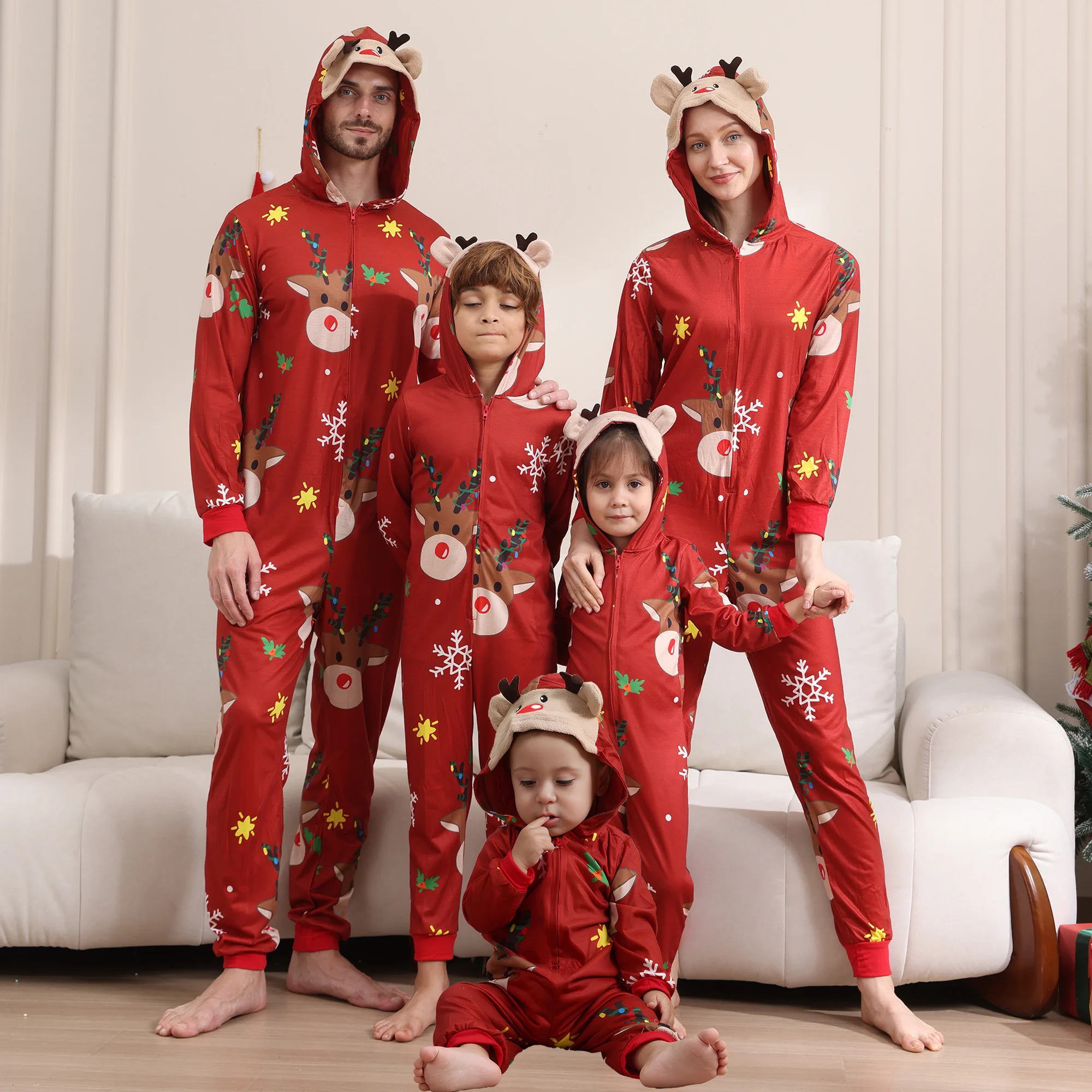 Natal família pai-filho roupas bonito dos desenhos animados bonito macacão impressão completa pijamas de manga longa natal com capuz zíper macacão