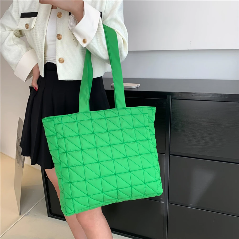 Casual Ladies Tote Handbags Rhombus Pattern Cotton Padded Top-handle Bags Large Capacity Solid for Travel Work Female Purse