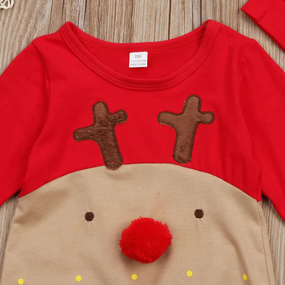 Christmas Reindeer Bodysuit Set for Newborns Long Sleeve Cartoon Red Nose Design with Matching Hat Ideal for Santa Photos