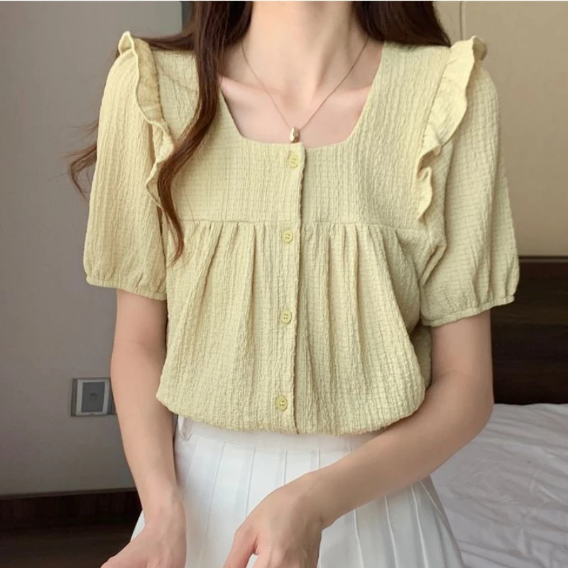 Ruffles Shirts Women S-3XL Puff Sleeve Sweet Solid All-match Ladies Temperament Summer Casual Fashion Ulzzang Korean Style Chic