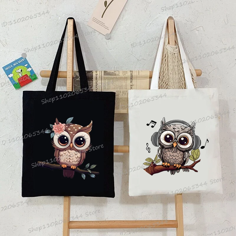 Funny Cartoon Owl Canvas Women Shopping Bags Animal Series Dog Goldfish Turtle Shark Print Teen Shoulder Bag Reusable Tote Bags