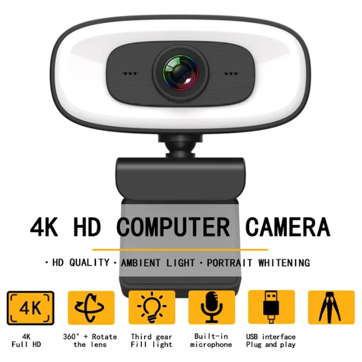 USB Webcam 4K 1080P Mini Camera with Microphone 15-30Fps Fill Light Beauty for Youtube PC Video Shooting Camera