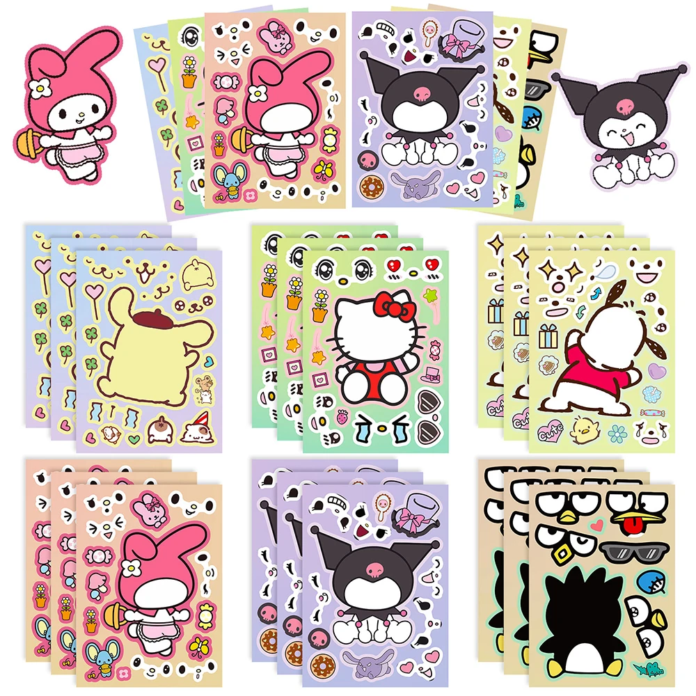 

6/12Sheets Cute Kuromi My Melody Puzzle Stickers Make a Face Funny Cartoon Decals Assemble Jigsaw Children Education Toy Gifts