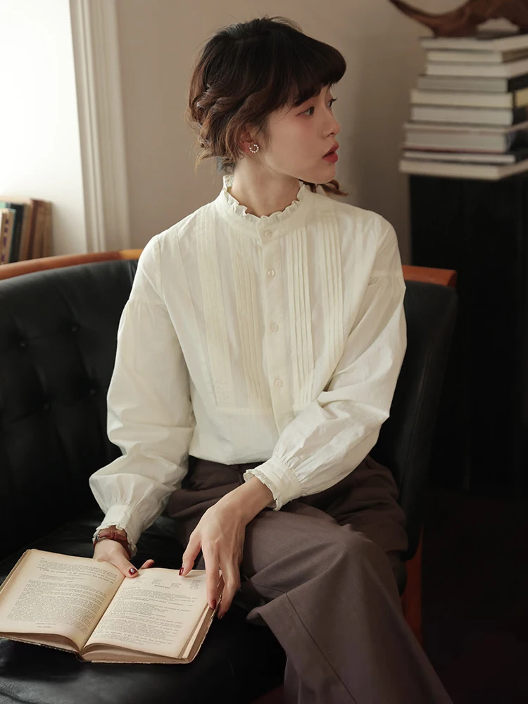 

Ретро-рубашка с рюшами и воротником-стойкой для женщин, плиссированный топ для ранней осени, базовая рубашка для многослойных образов, весенне-зимняя модель в нежном стиле, свободный крой