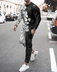 Black/White Lion Print Men's Long Sleeve T-Shirts Sets 3D Fashion Streetwear T shirt Pants Suit Tracksuit 2-Piece Jogger Outfits
