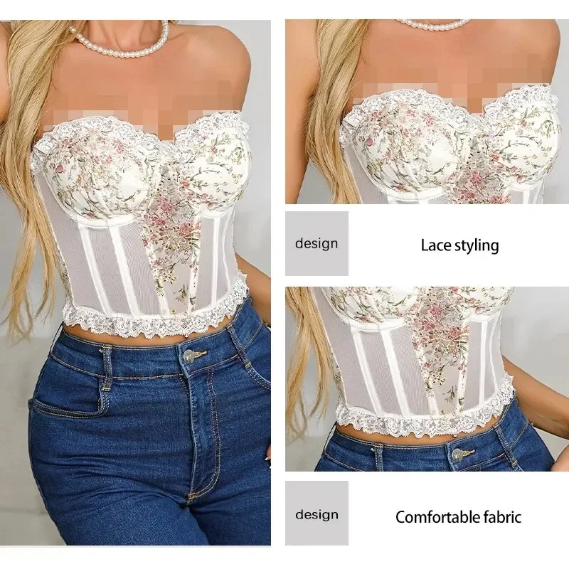 Women\'s White Sexy Lace Mesh Fish Bone Chest Flower Embroidered Bra Women\'s Strapless Lace Top Wrapped Chest