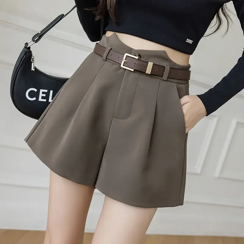 Wide Leg Shorts Women Autumn Winter Loose Minimalist Office Lady Ulzzang High Waist Leisure Pockets Thicken All-match Harajuku