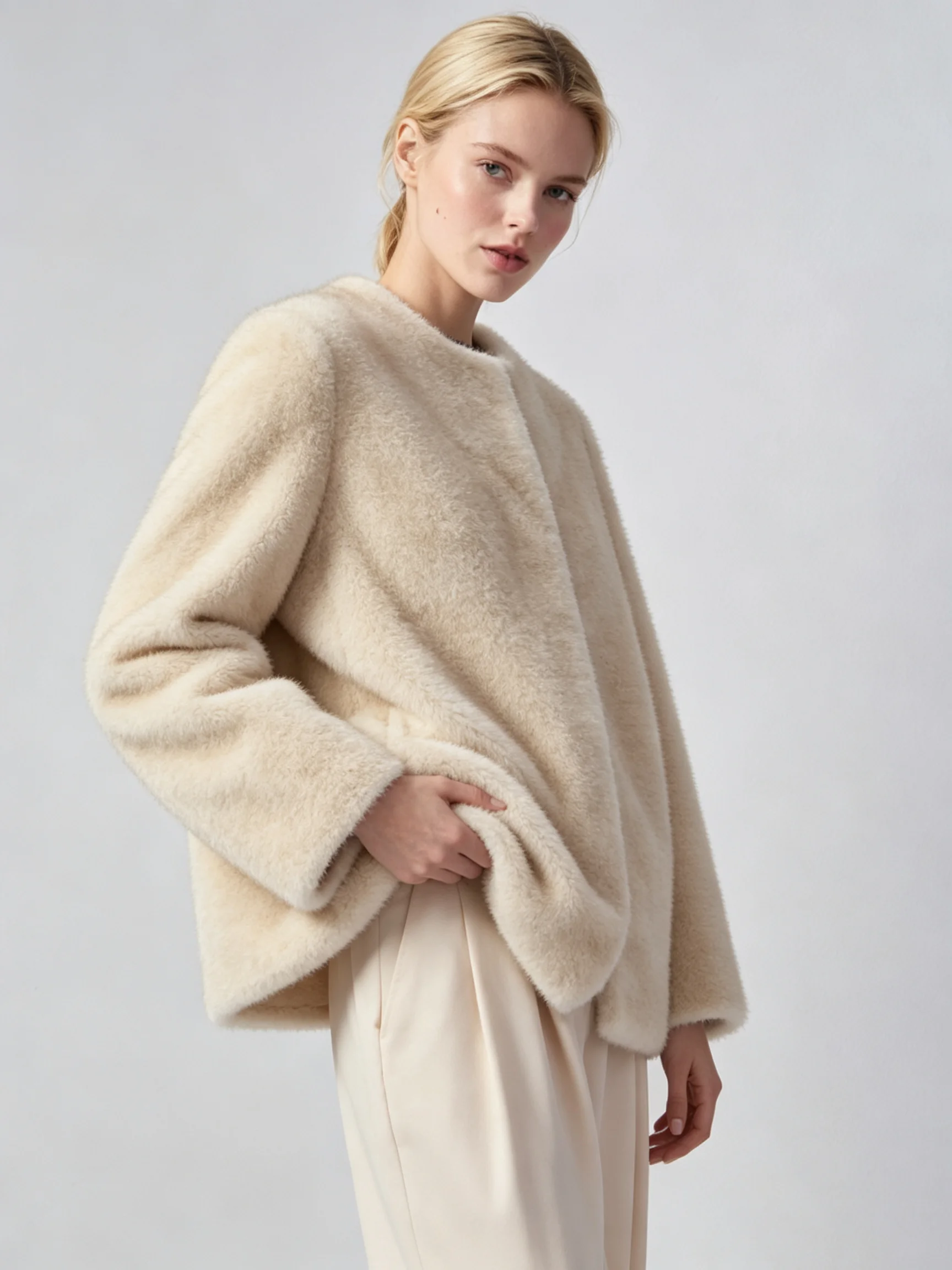 LIMO Loose Women Faux Fur Jacket Round Neck Open Front Long Sleeve Solid Furry Outer Coat