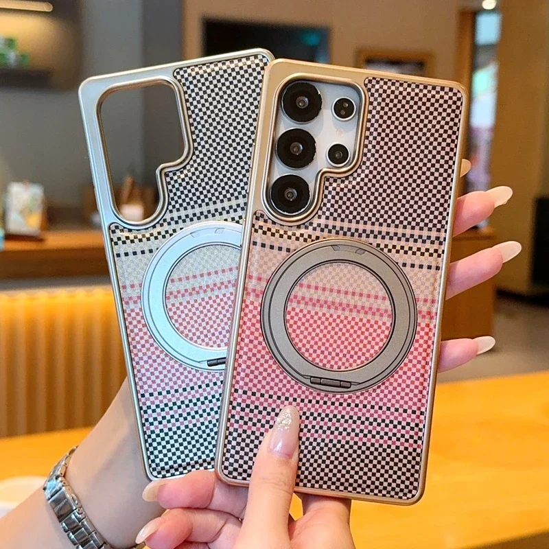 Phone Case for Samsung S26 Ultra S25 S24 Shockproof Luxury 360 Rotating Magnetic Kickstand Plaid Leather For Magsafe Slim Cover