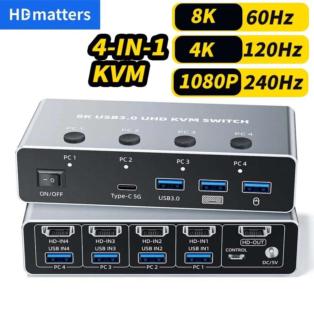 8K 60Hz HDMI 2.1 KVM Switch for 4 Computers 4-port 8K HDMI 2.1 USB 3.0 KVM Switch 4K 120Hz KVM HDMI Switch for 4 PCS USB Share