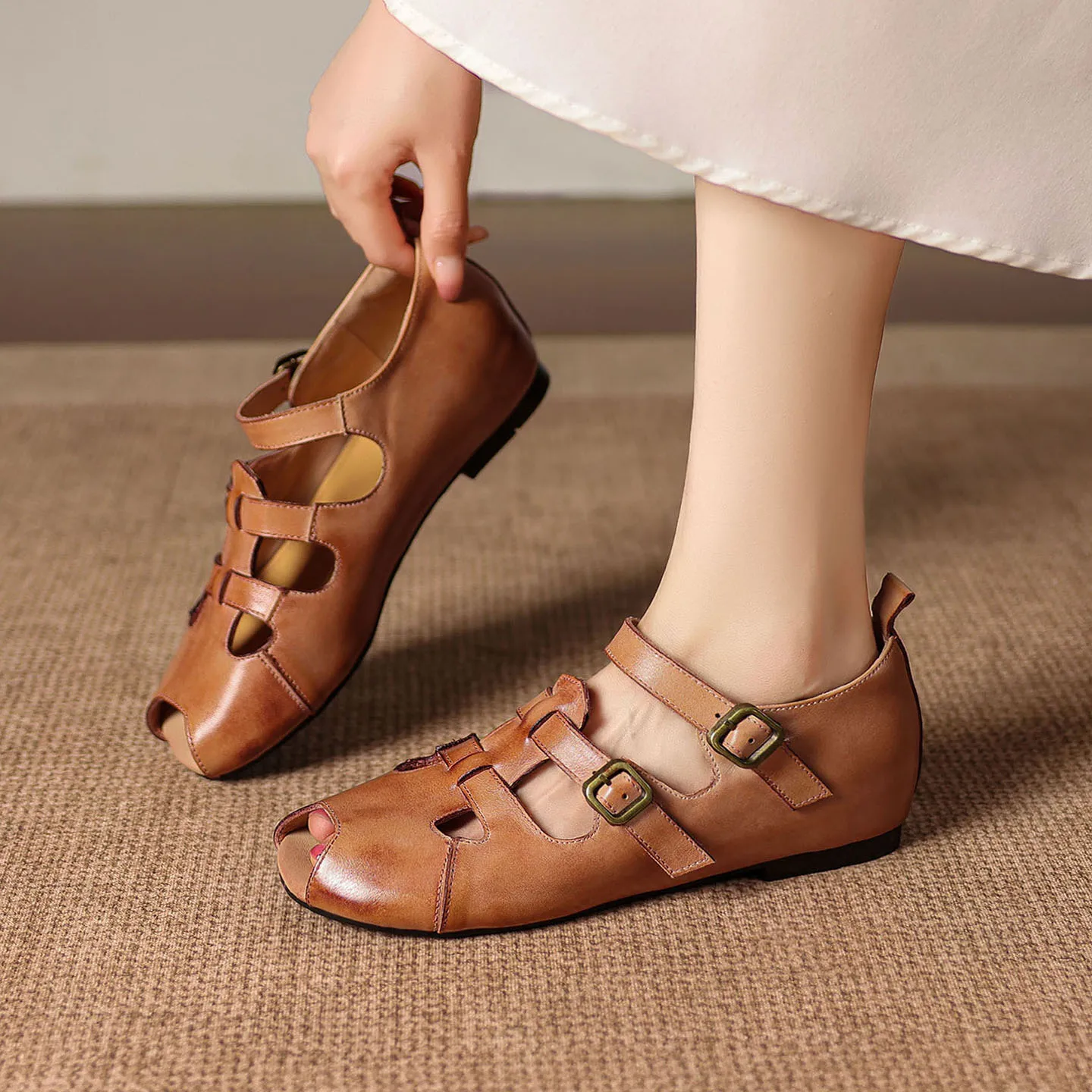 2026 new summer women sandals natural leather 22-25cm cowhide+sheepskin open toe t-tied buckle hollow-out women shoes fashion
