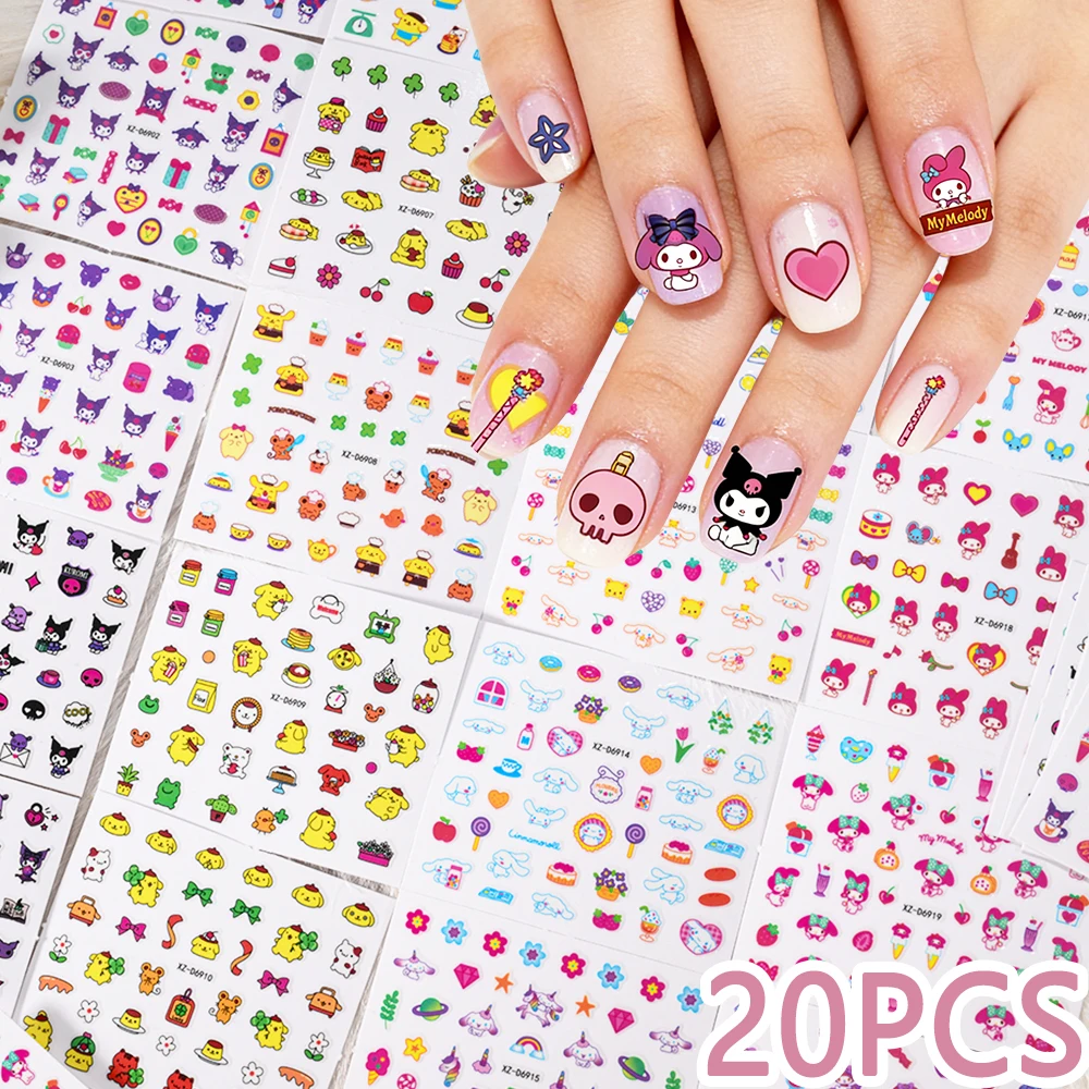 

5/20PCS 3D Kuromi My Melody Nail Art Stickers Set Cute Cartoon Pom Pom Purin Cinnamoroll Adhesive Nail Decal DIY Manicure Slider