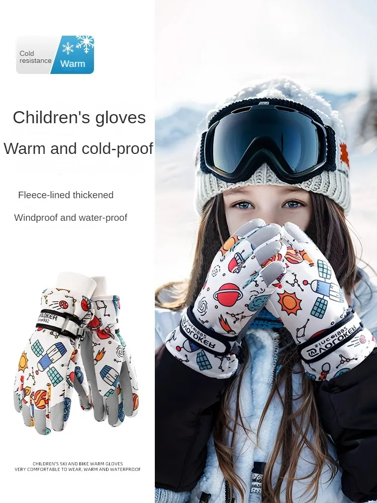 Children's ski gloves,boys'winter plush cold ,wind,waterproof,anti slip,playing with snow,thickening for cycling