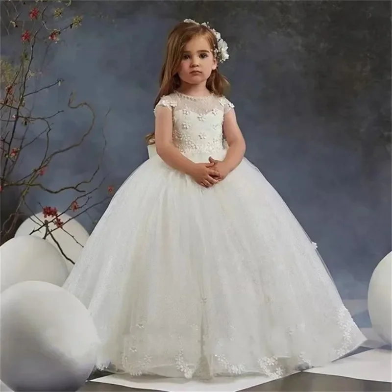 Flower Girl Dresses O-Neck Decal Fluffy Bow Pageant Dress Floor Length for Wedding Prom First Communion Birthday Party