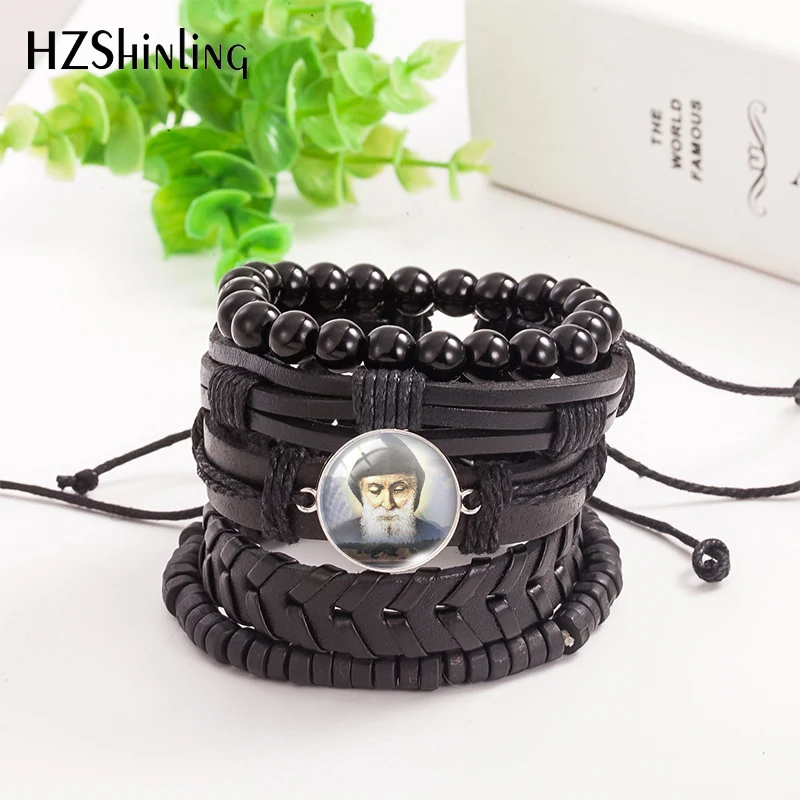 2021 New 5pcs/set Saint Charbel Leather Bracelet Glass Dome Photo Jewelry Men Women Handmade