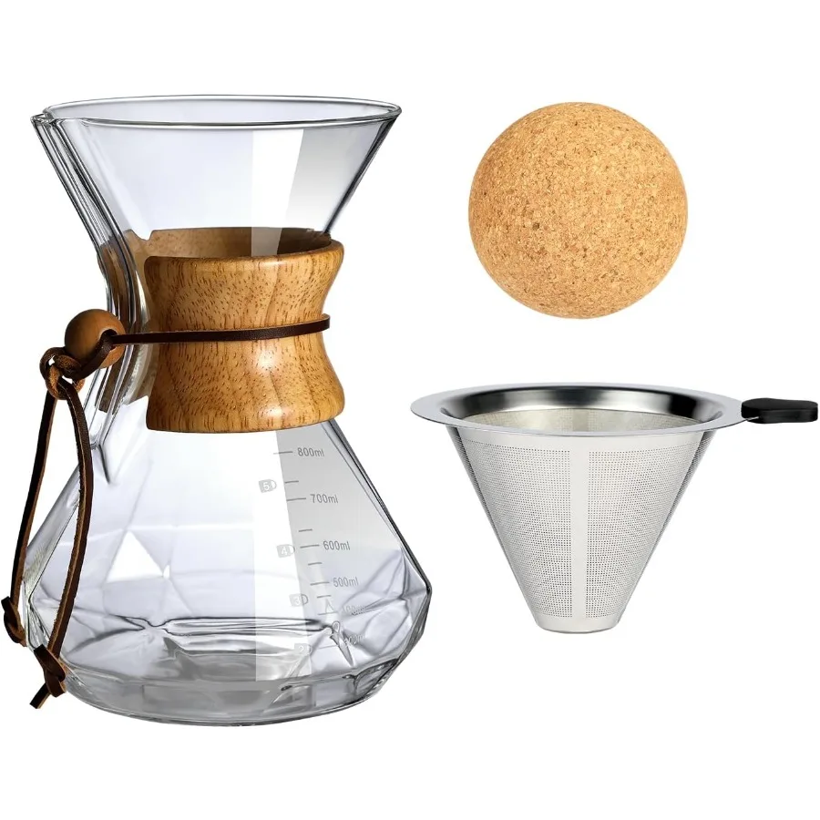 

Pour Over Coffee Maker With Wood Sleeve for Home Brewing Enthusiasts 27oz 800ml Capacity Dripper Set with Cork Stopper for Prec