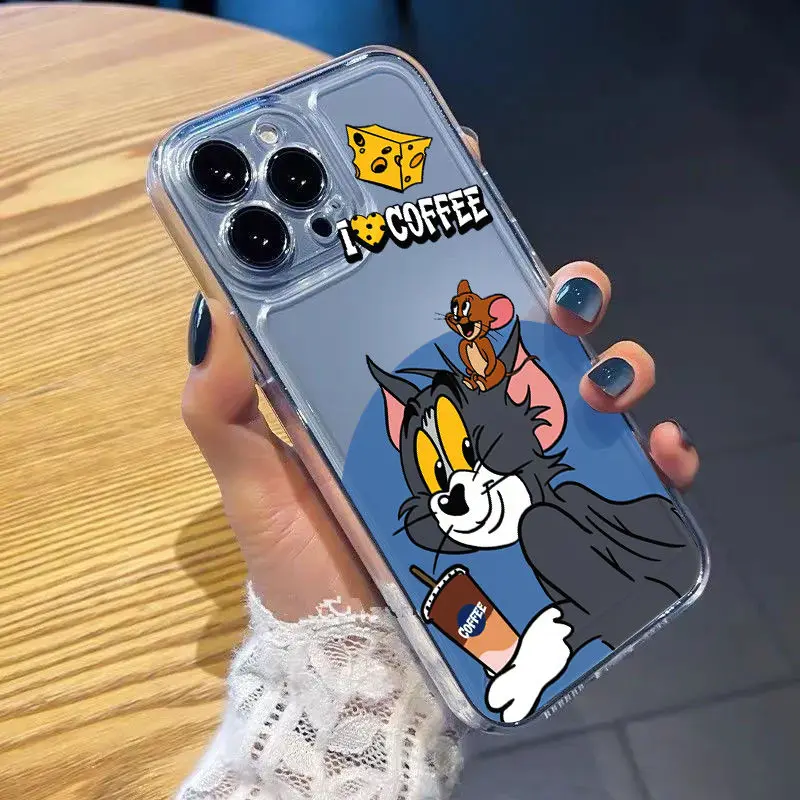 Tom And Jerry Drink Coffee Happy Phone Case For iPhone 15 14 13 12 11 Pro Max XR XS Max 78Plus Y2K Soft Silicone Cute Back Cover